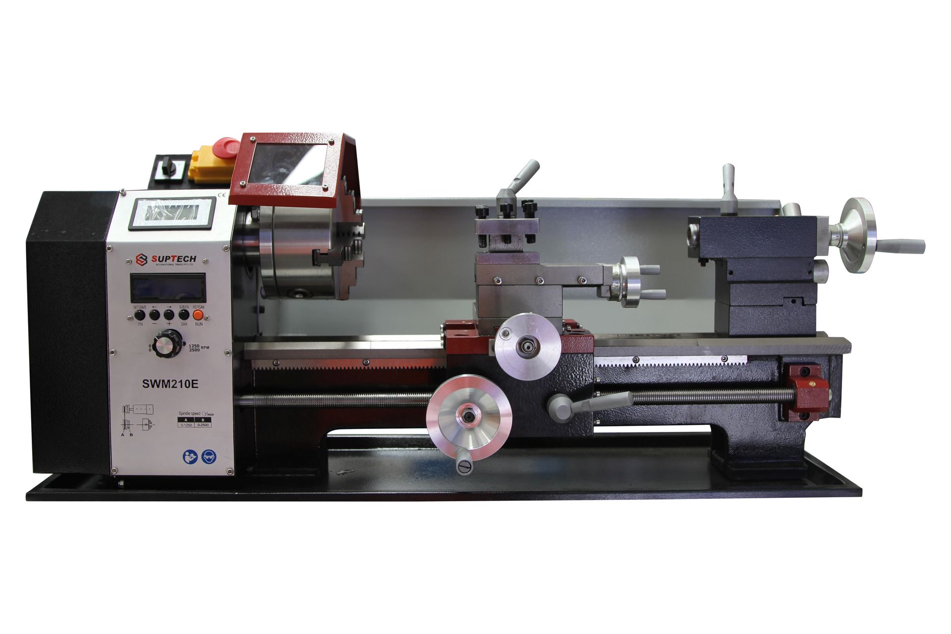 Compact metal lathe machine with gray body, black base, and red accents on a white background