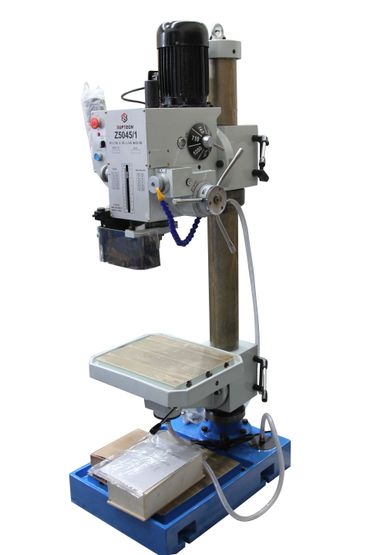 Industrial drill press with blue base and adjustable worktable