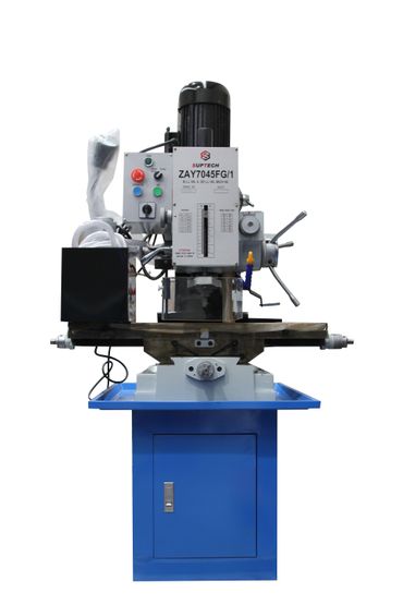 Industrial milling machine with blue base and control panel on a white background
