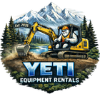 YETI Equipment Rentals logo with excavator, bearded operator, and snowy mountain backdrop