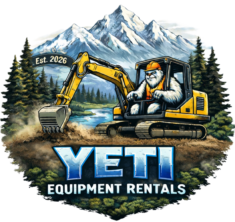 YETI Equipment Rentals logo with excavator, bearded operator, and snowy mountain backdrop