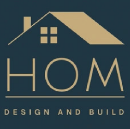 The logo for hom design and build shows a house with a roof.