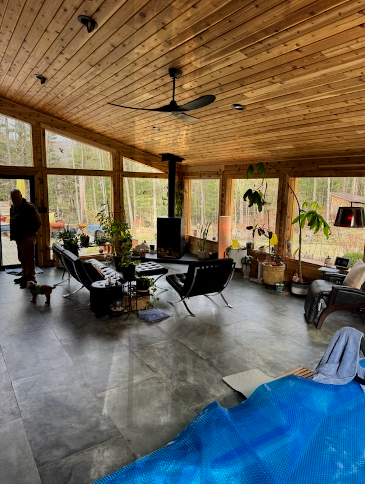 Bright living room with wood ceiling, large windows, black chairs, fireplace, and a blue tarp in the foreground