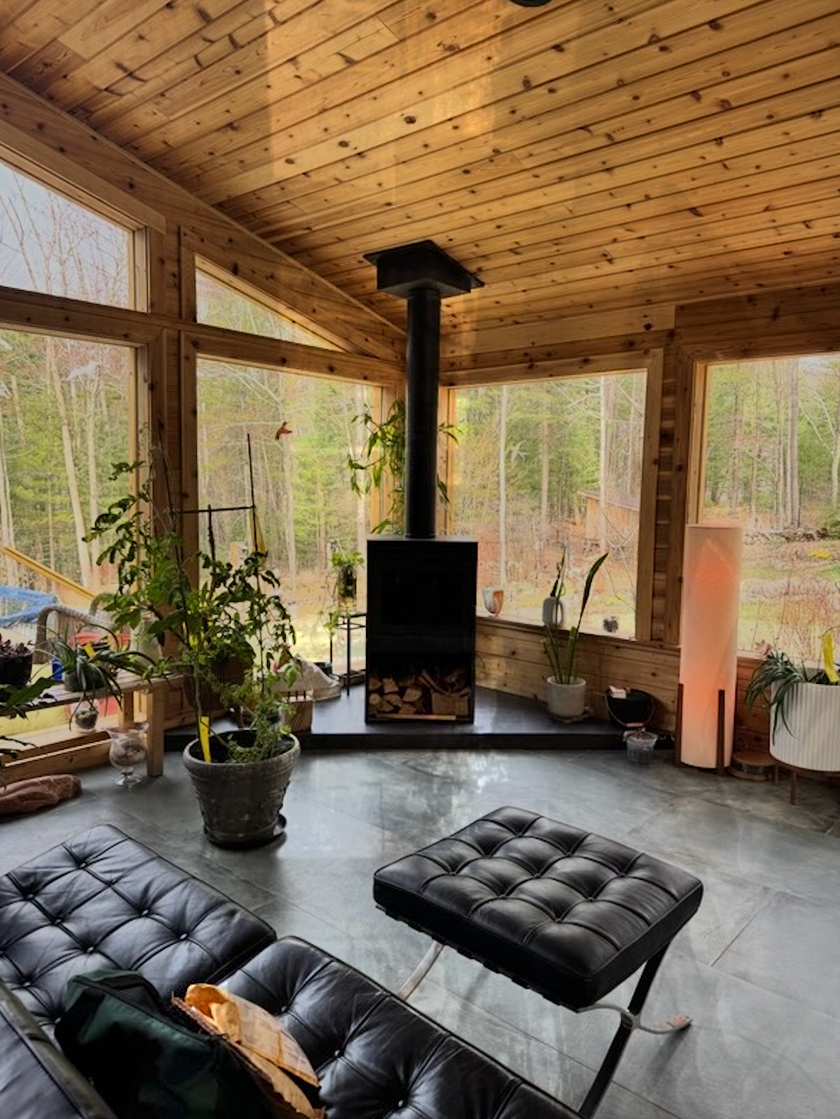 Cozy wood-paneled sunroom with large windows, black stove, potted plants, and black chairs and ottoman