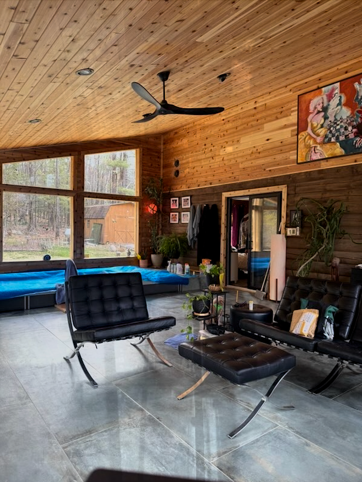 Modern living room with wood-paneled walls, large windows, black furniture, and a ceiling fan