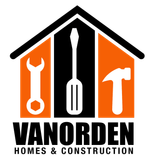 A logo for Vanorden Homes and Construction with a wrench , screwdriver , and hammer.