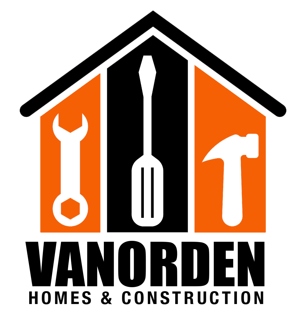 A logo for Vanorden Homes and Construction with a wrench , screwdriver , and hammer.