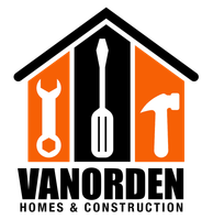 A logo for Vanorden Homes and Construction with a wrench , screwdriver , and hammer.
