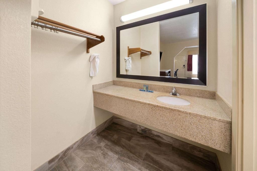 Bathroom with beige countertop, large mirror, and brown floor.