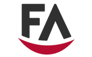 Logotipo “FA” estilizado en negro con un subrayado curvo rojo.