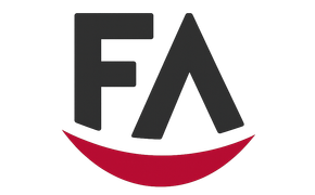 Logotipo “FA” estilizado en negro con un subrayado curvo rojo.