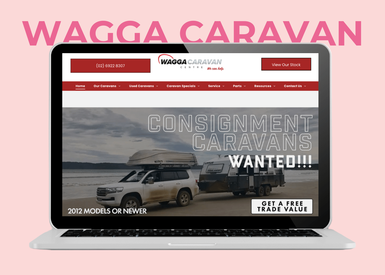 A laptop screen displaying the Wagga Caravan website homepage, advertising a caravan consignment request for 2012+ models.
