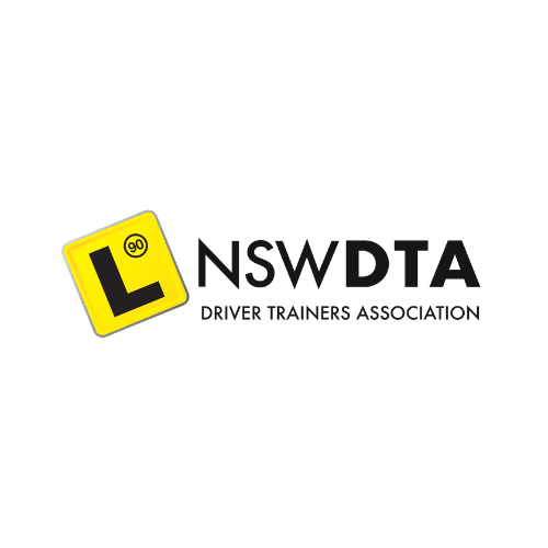 Logo for the NSW Driver Trainers Association, featuring a yellow L-plate icon next to the text