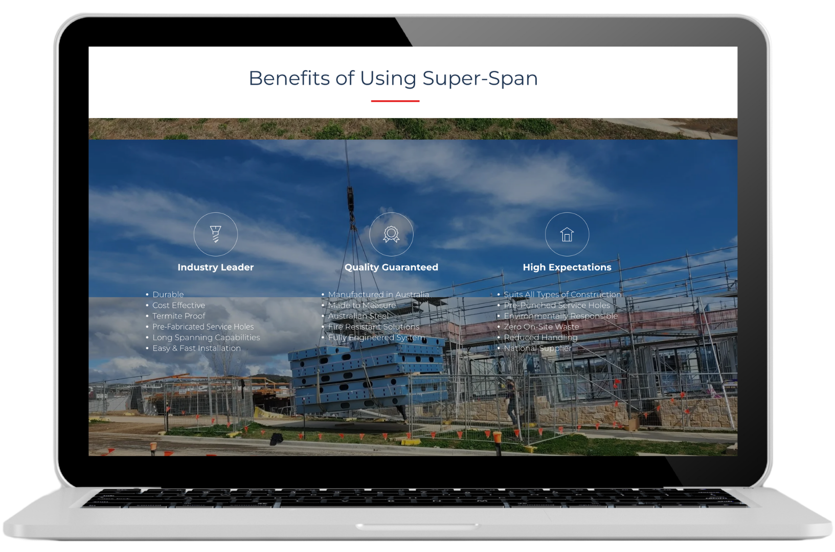 A mobile phone screen displays a Super-Span website page about sub-floors and mid-floors, featuring images of steel frames.