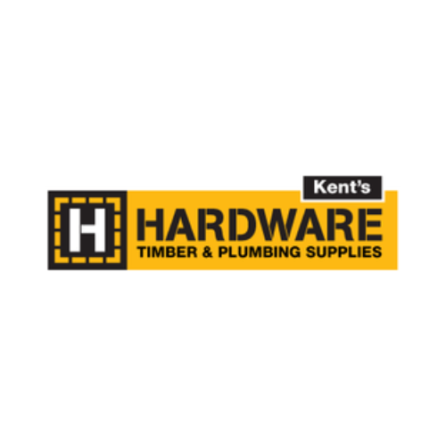 Logo for Kent's Hardware, featuring a yellow rectangle with a black 'H' icon and black text: