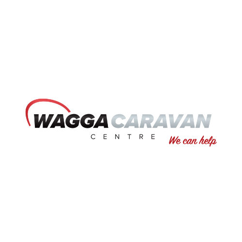 Logo for Wagga Caravan Centre featuring black and grey text with a red swoosh and the red tagline
