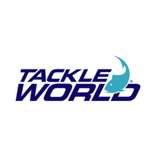 Tackle World logo with navy blue text and a stylized teal fish icon.