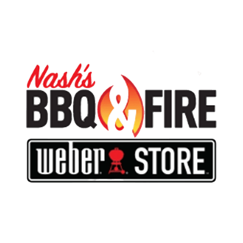 Logo for Nash's BBQ & Fire, a Weber Store, featuring the business name, a flame icon, and the Weber brand logo.