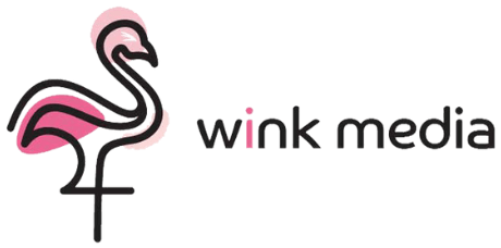 Logo for Wink Media featuring a stylized black outline of a flamingo with a pink accent next to the text "wink media".