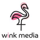 Logo for Wink Media featuring a stylized black outline of a flamingo with pink highlights, above the text