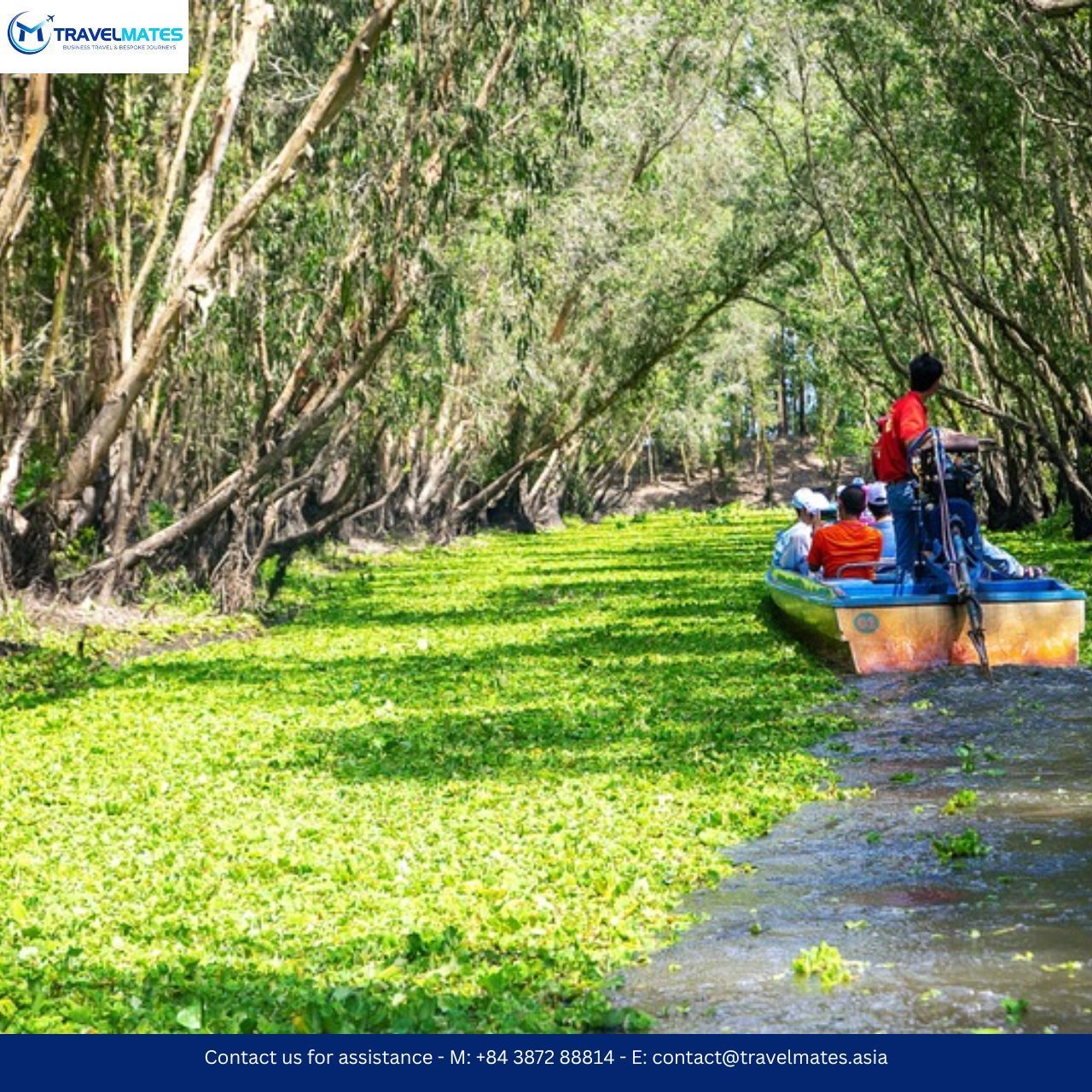 Visitors visiting Tra Su Chau Doc on a traditional wooden boat in Mekong Delta tour