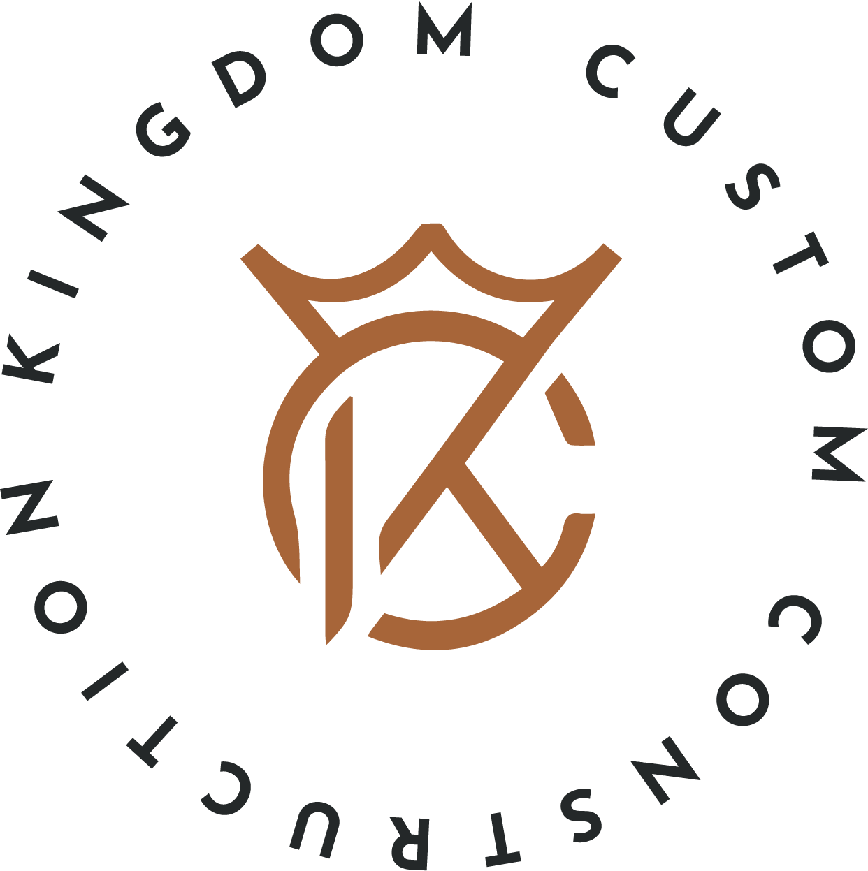 Brown circular “Kingdom Construction” logo with a stylized K and crown icon