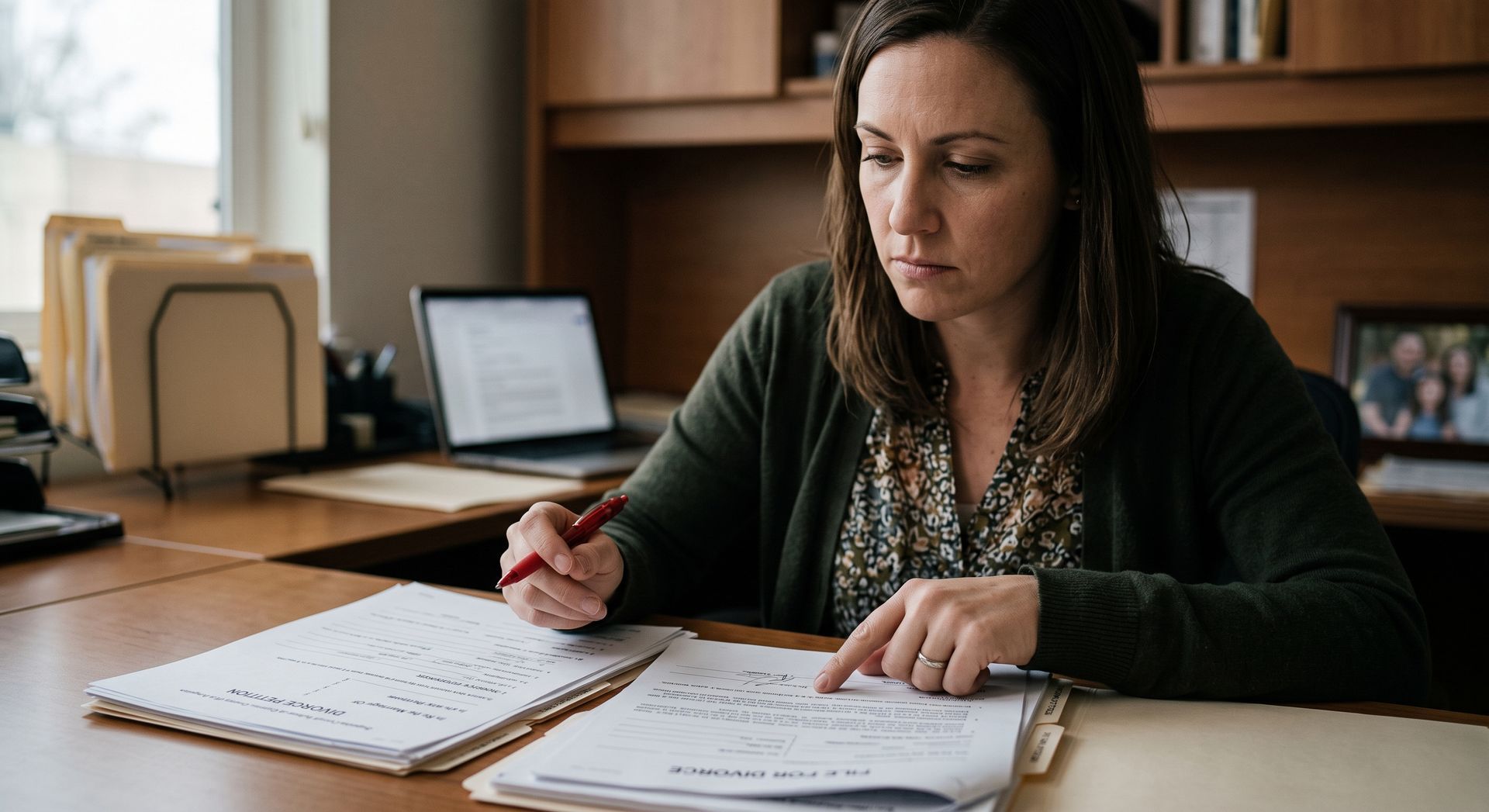 Woman writing at a desk with papers in an office, looking focused and thoughtful.