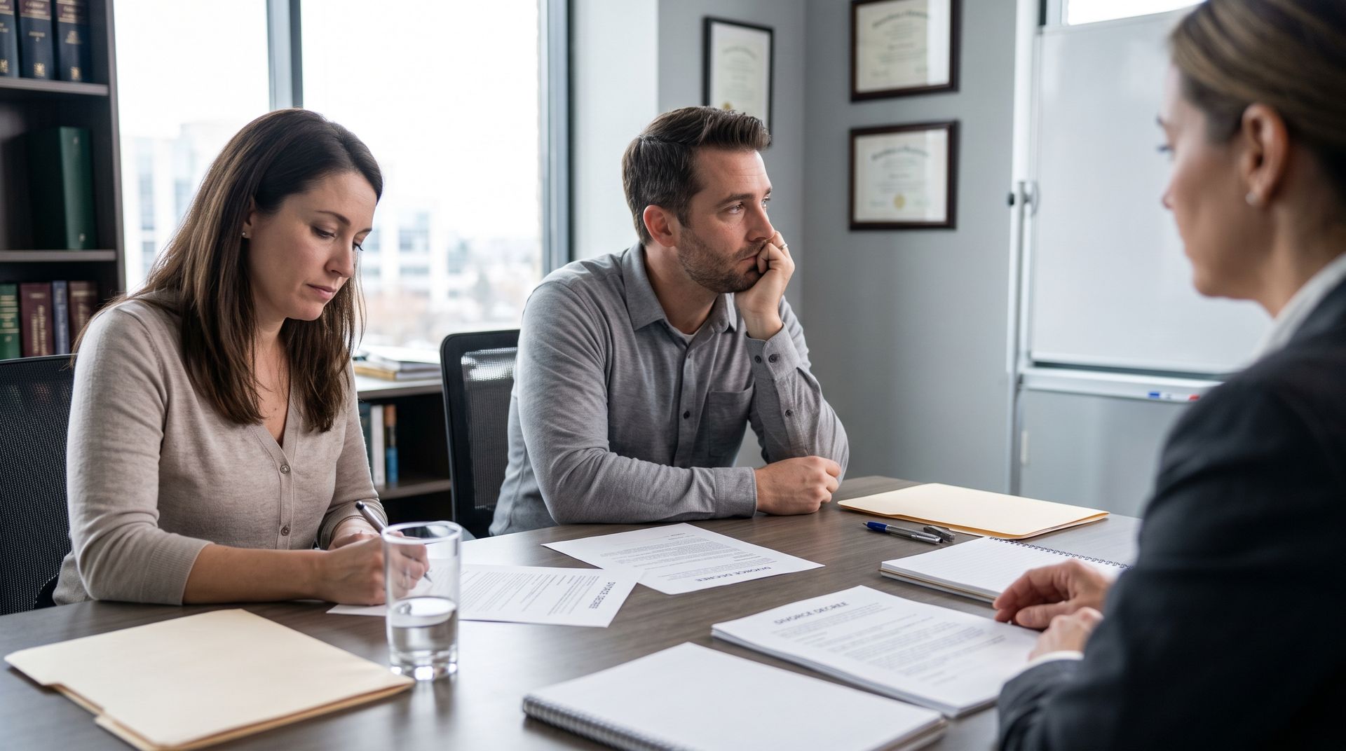 Three people in a meeting reviewing documents at a conference table in an office
