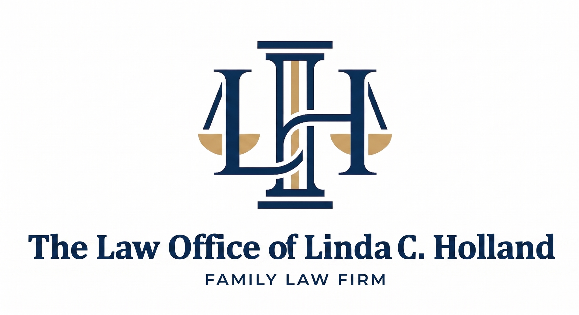Logo for The Law Office of Linda C. Holland, a family law firm, in navy and gold