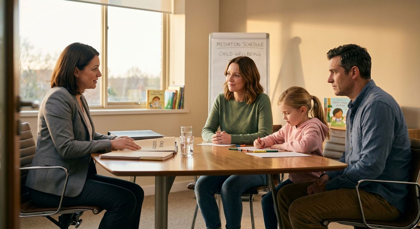 Four people sit at a table in a bright meeting room, talking with notebooks and papers.