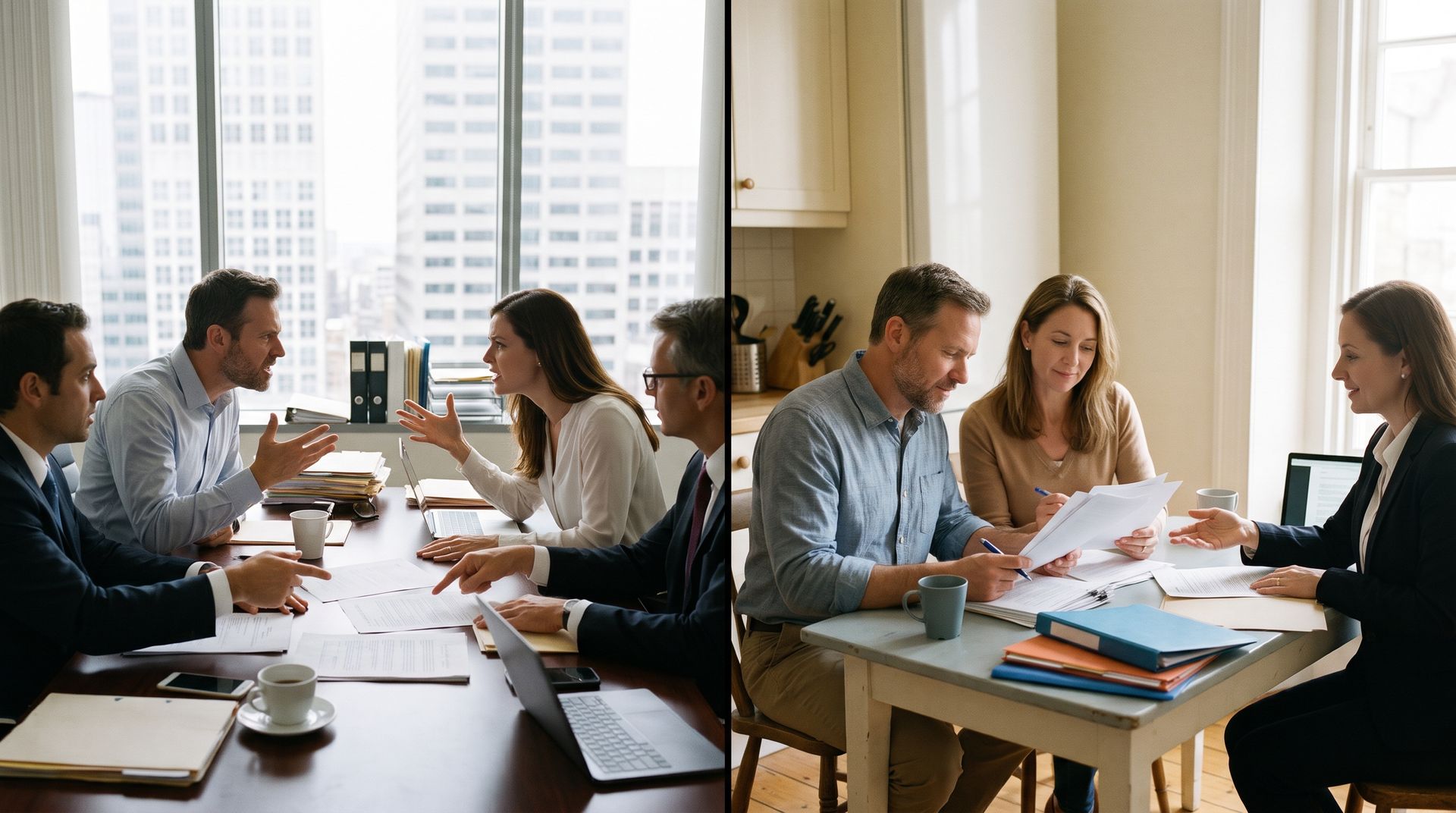 People in a bright office meeting, discussing papers around two tables with laptops and notebooks.