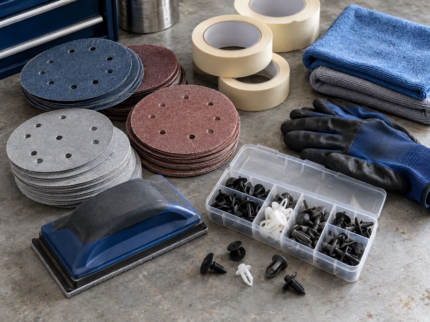 Sandpaper sheets, sanding block, tape, gloves, screws, and organizer on a workbench