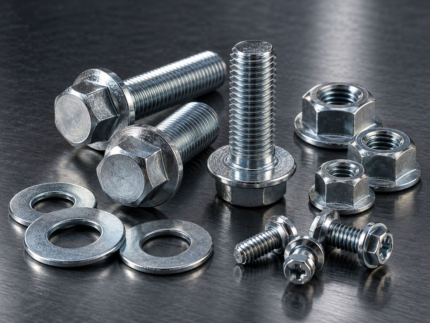 Assorted metal bolts, nuts, and washers on a dark surface