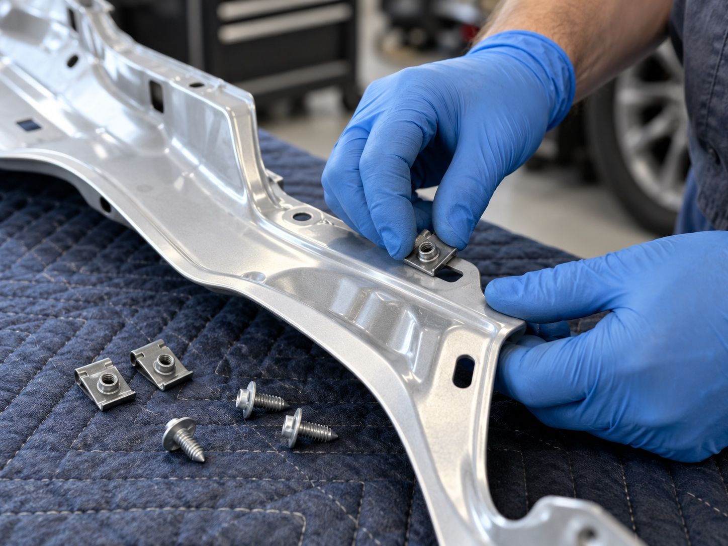 Blue-gloved hands assembling a silver car body panel with screws and clips on a workbench