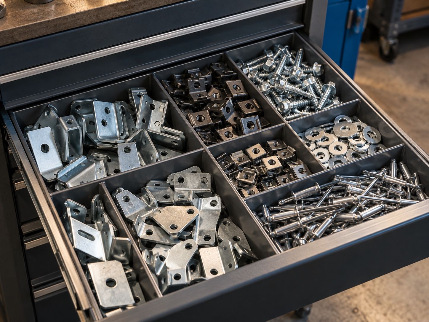 Open drawer organizer filled with assorted metal hardware, brackets, bolts, and screws.