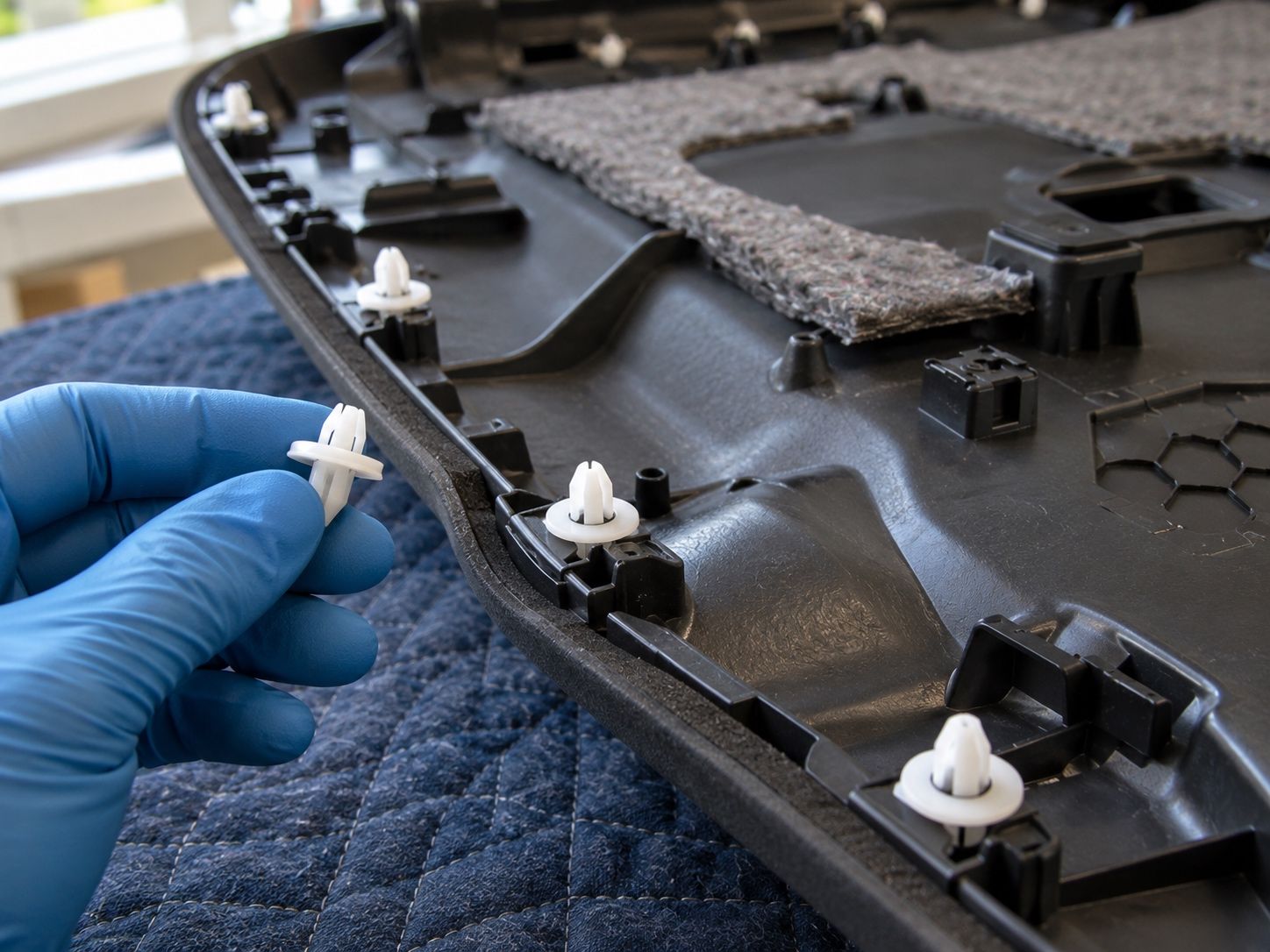 Blue-gloved hand installing white clips on a black plastic car interior panel