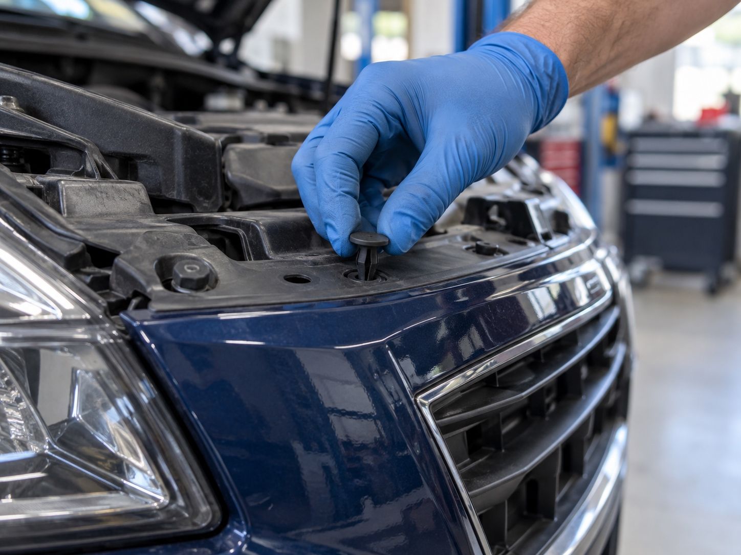 Gloved hand inspecting the front grille of a blue car in an auto repair shop