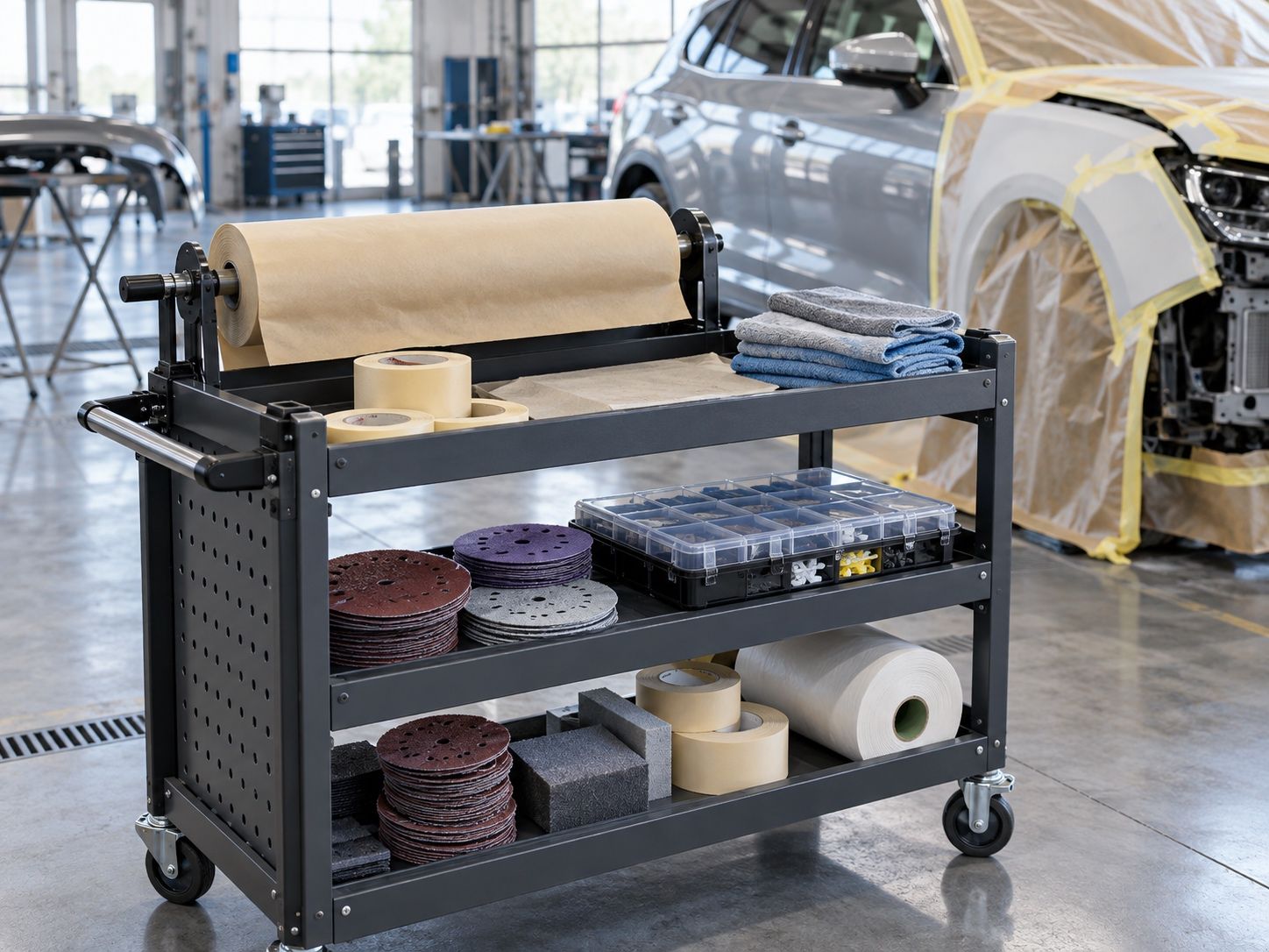 Tool cart with rolls of sandpaper and supplies beside a silver car in an auto body shop