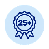 Blue 25+ award badge icon with ribbon on a light blue circle