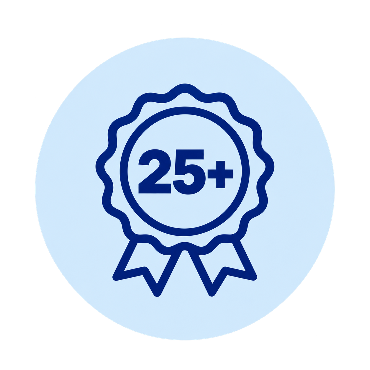 Blue 25+ award badge icon with ribbon on a light blue circle