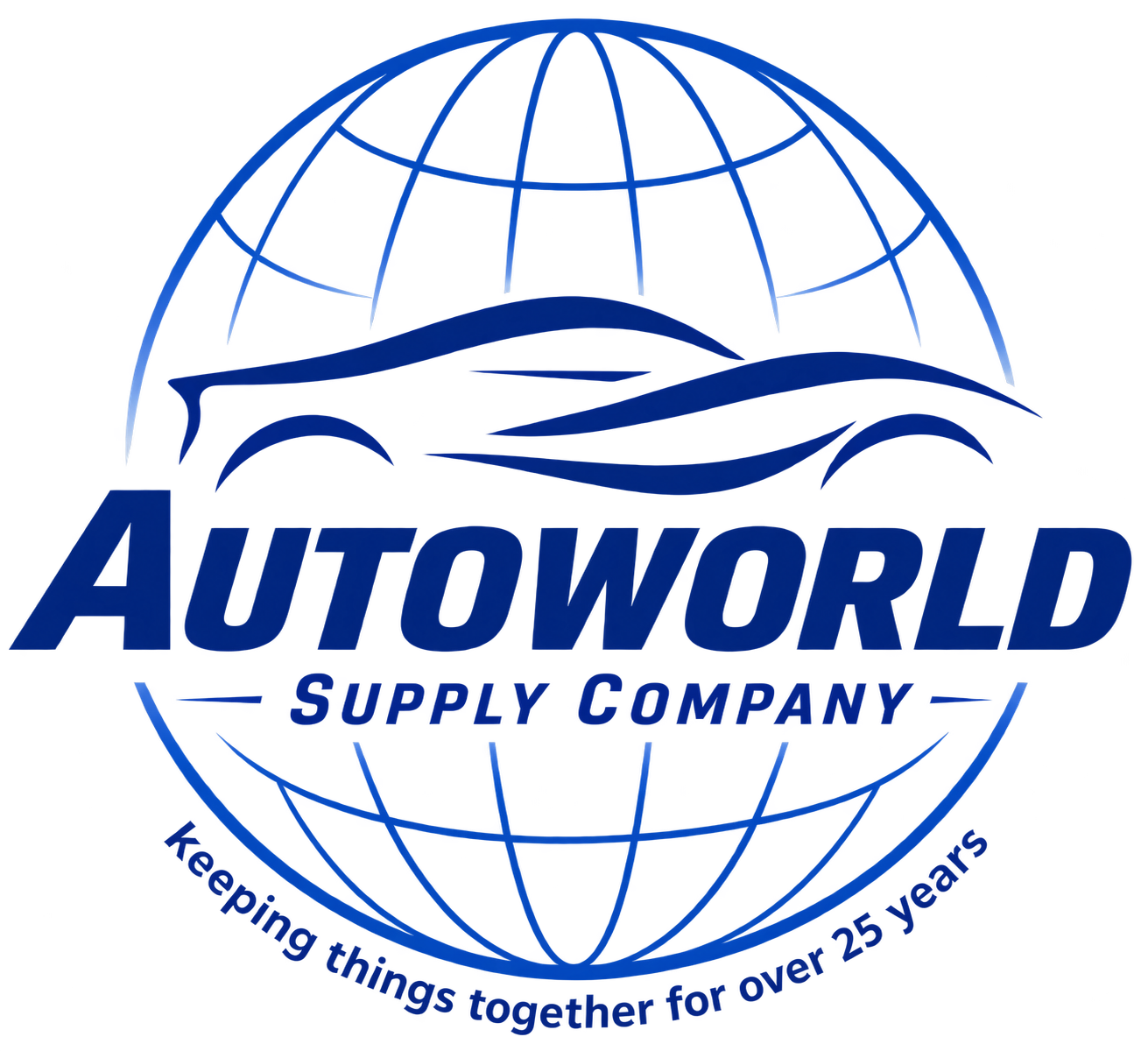 Autoworld Supply Company logo with blue globe, stylized waves, and “Keeping things together for over 25 years” tagline