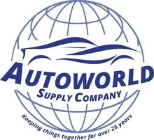 Autoworld Supply Company logo with blue globe lines and slogan “Keeping things together for over 25 years”