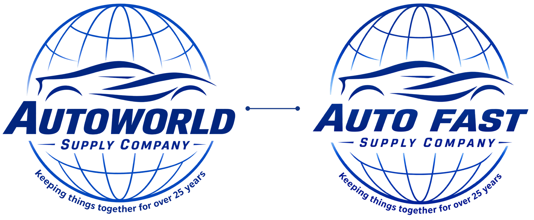 Autoworld and Auto Fast Supply Company blue logos with globe icon side by side