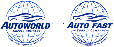 Autoworld and Auto Fast Supply Company blue logos with globe icon side by side