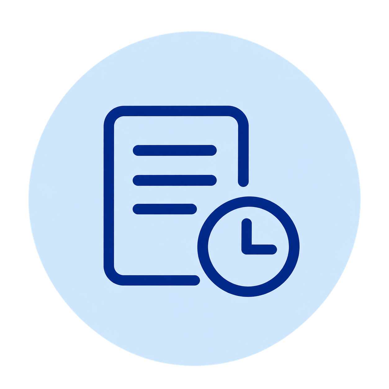Blue document and clock icon on a light blue circle, suggesting a deadline or scheduled task