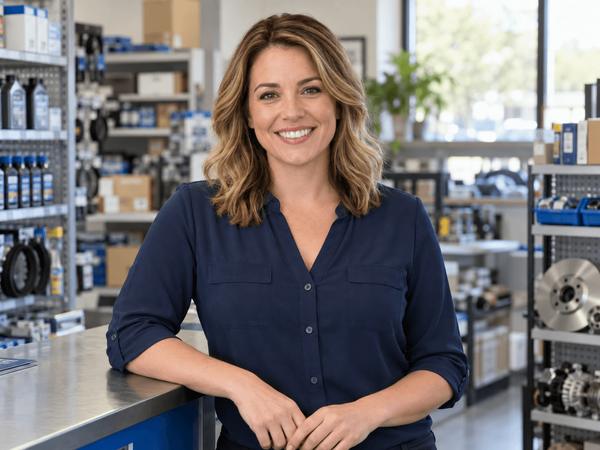 Smiling woman in a blue shirt leaning on a counter in an industrial workshop.