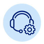 Blue headset support icon with a gear on a light blue circle background