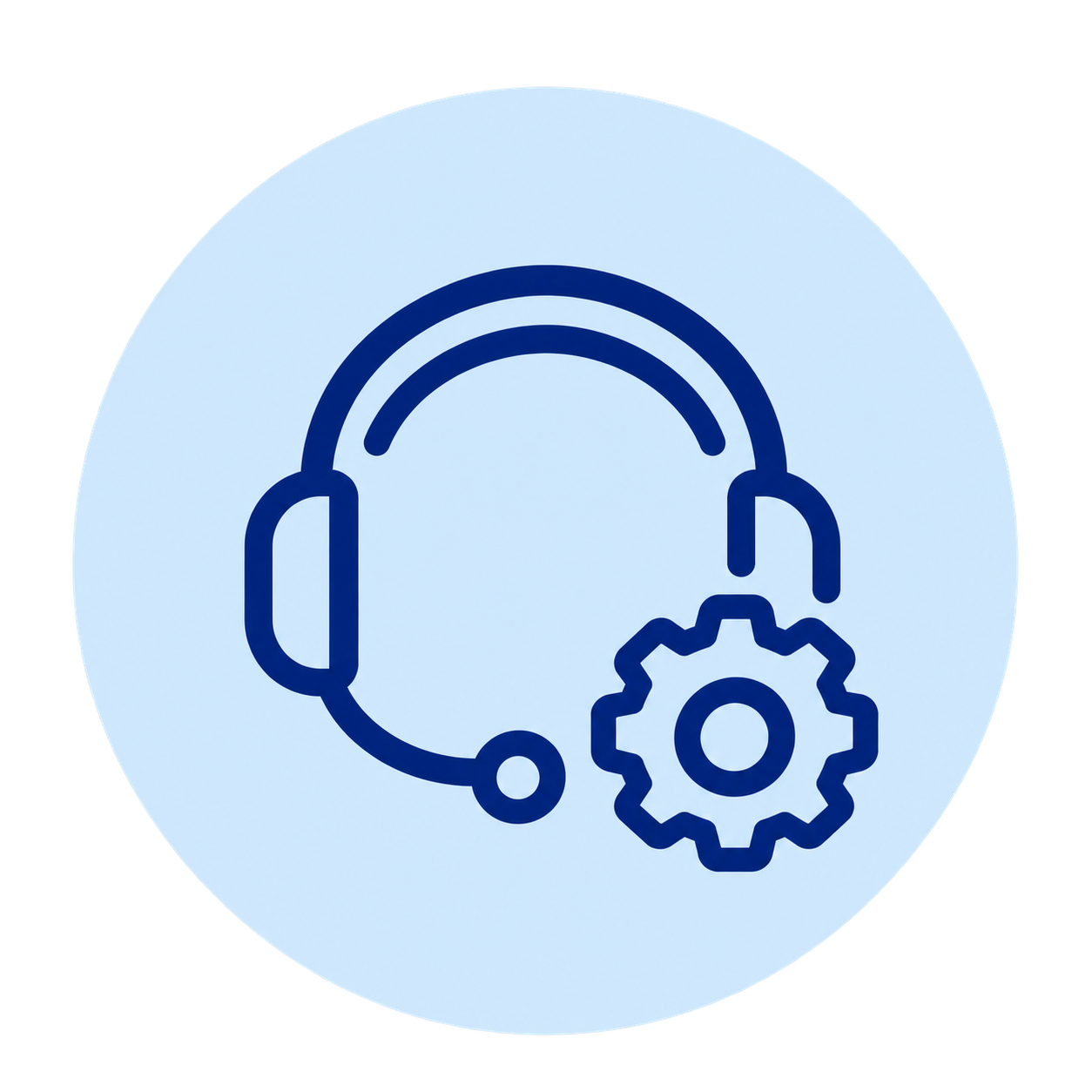 Blue headset support icon with a gear on a light blue circle background