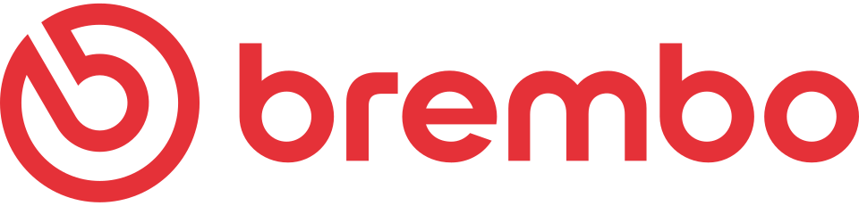 Un logo Brembo di colore rosso, costituito da un'icona circolare stilizzata a sinistra della scritta 