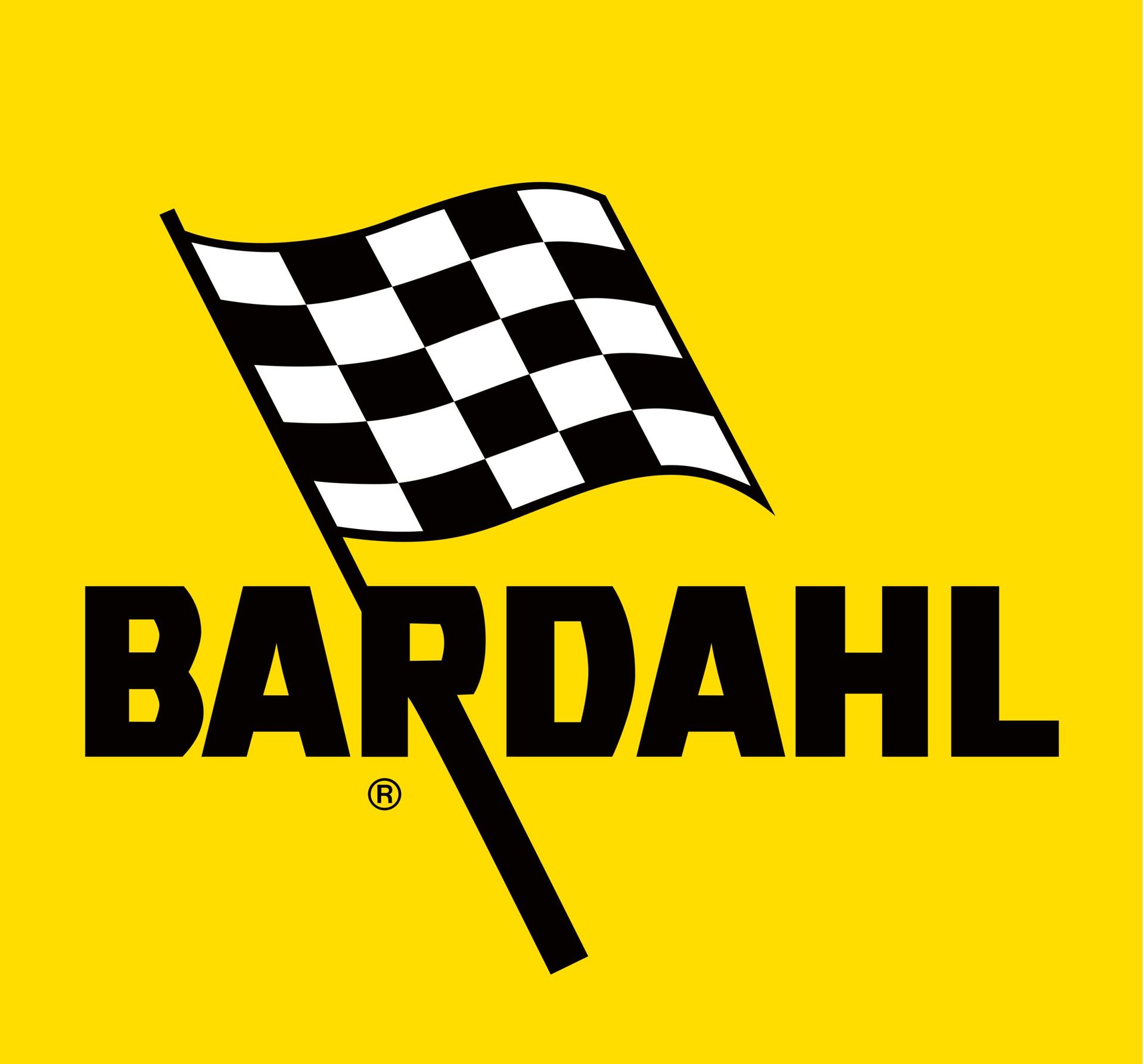 Il logo di Bardahl raffigura una bandiera a scacchi con un'asta nera che attraversa la parola 